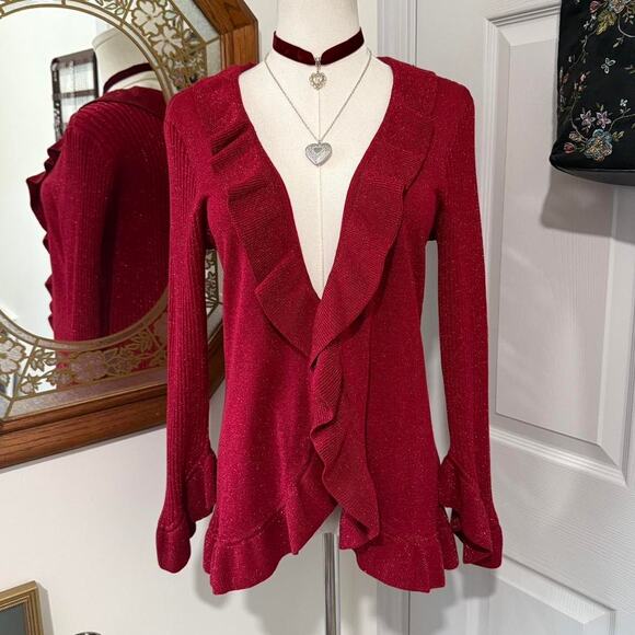 Y2K Nine West Red & Silver Glitter Ruffled Open Front Bell Sleeve Silk Cardigan - Picture 1 of 8